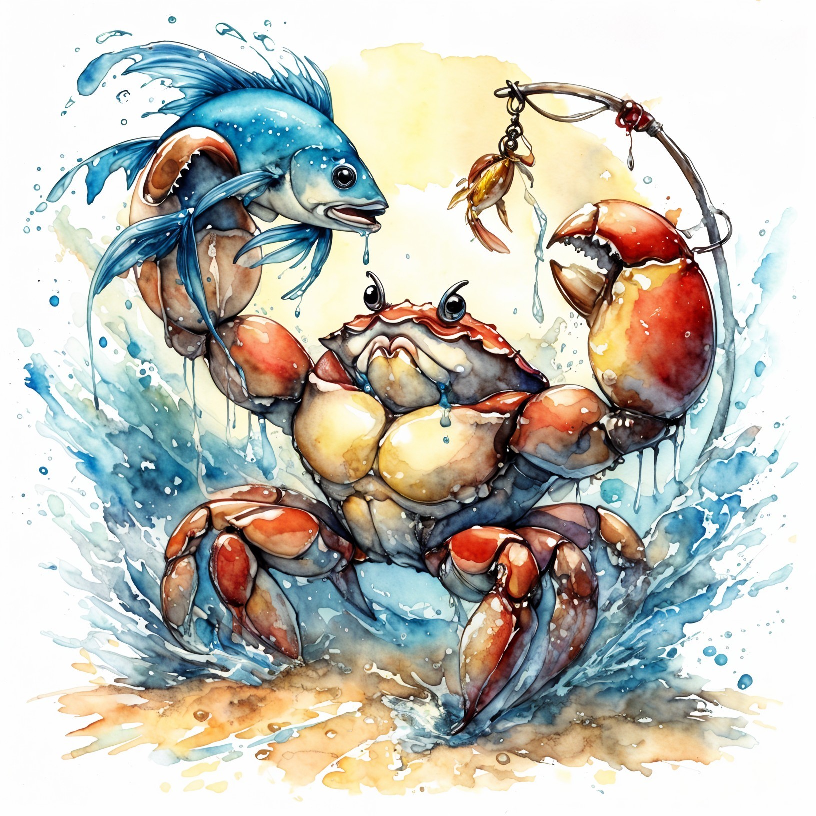 Whimsical Watercolor of Muscular Crab Fishing in Water