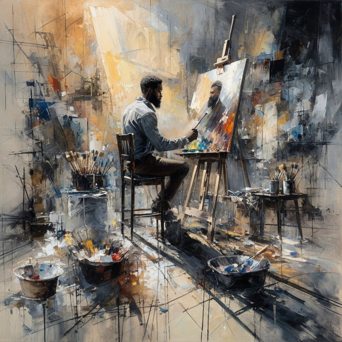 Artist Painting in Sunlit Studio with Colorful Surroundings