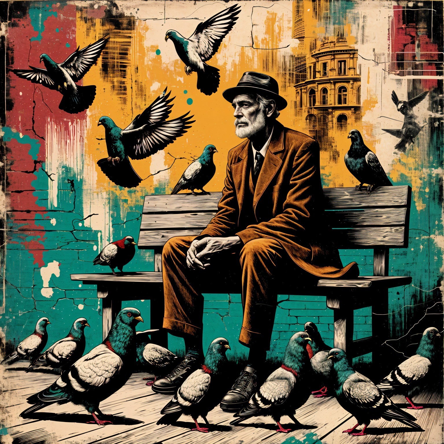 Elderly Man in Brown Suit Surrounded by Pigeons