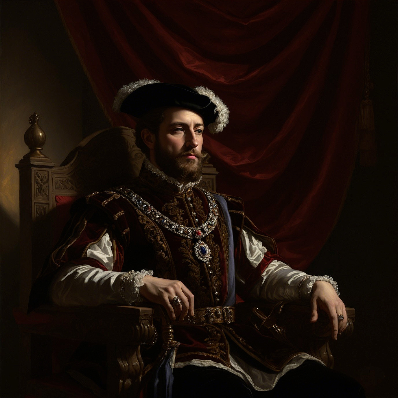 Regal Figure on Ornate Throne in Opulent Attire