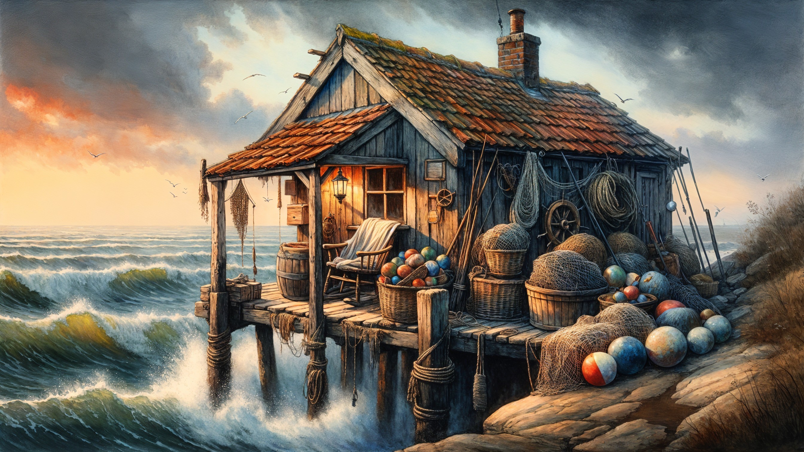 Weathered Fishing Shack on Stilts Over Waves