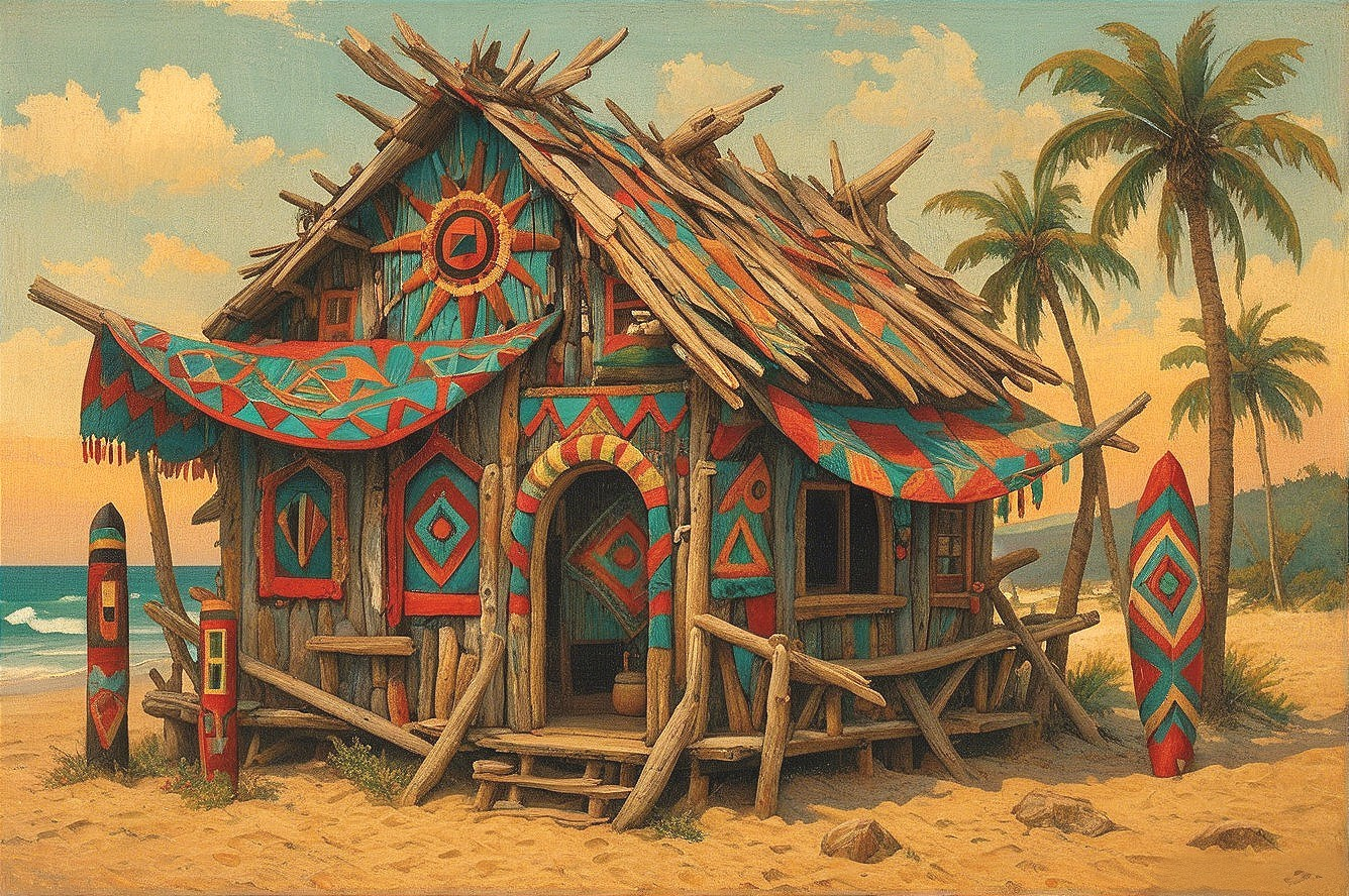 Vibrant Beach Hut with Colorful Patterns at Sunset