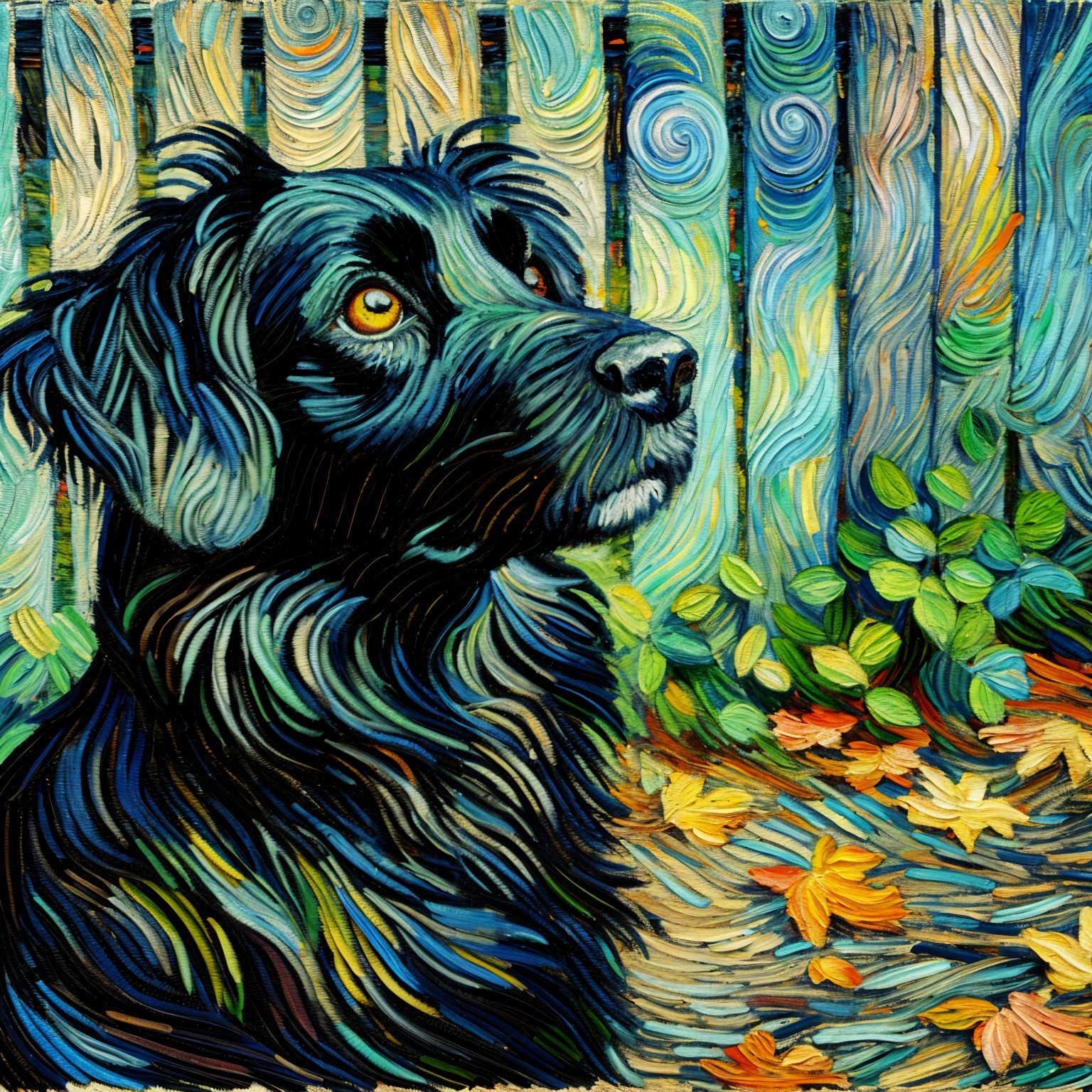 Black Dog with Expressive Eyes in Vibrant Colors