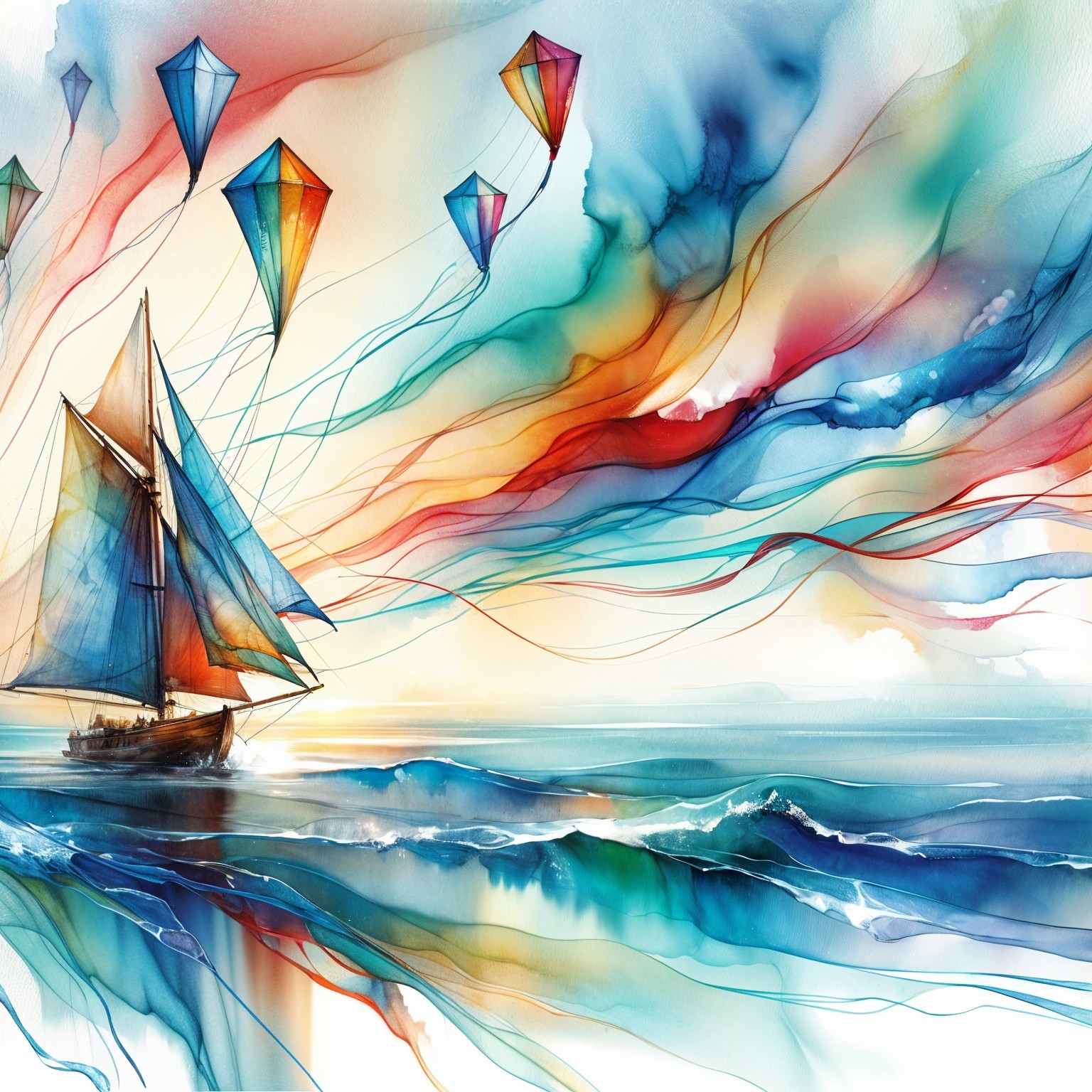 Vibrant Watercolor of Sailing Boat and Colorful Kites