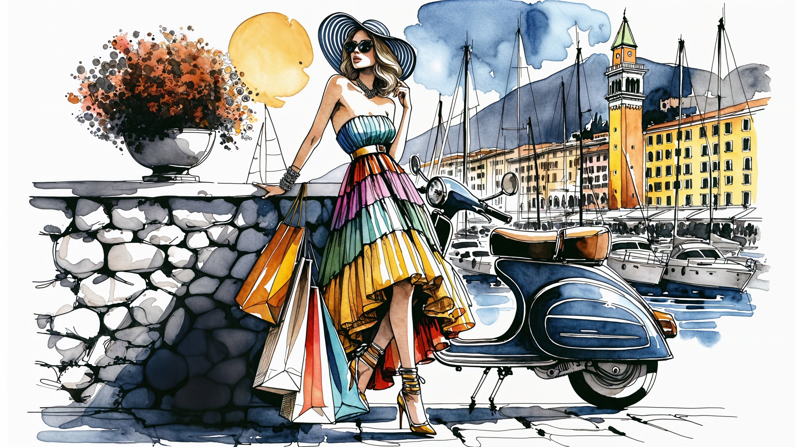 Fashionable woman by vintage scooter at harbor scene