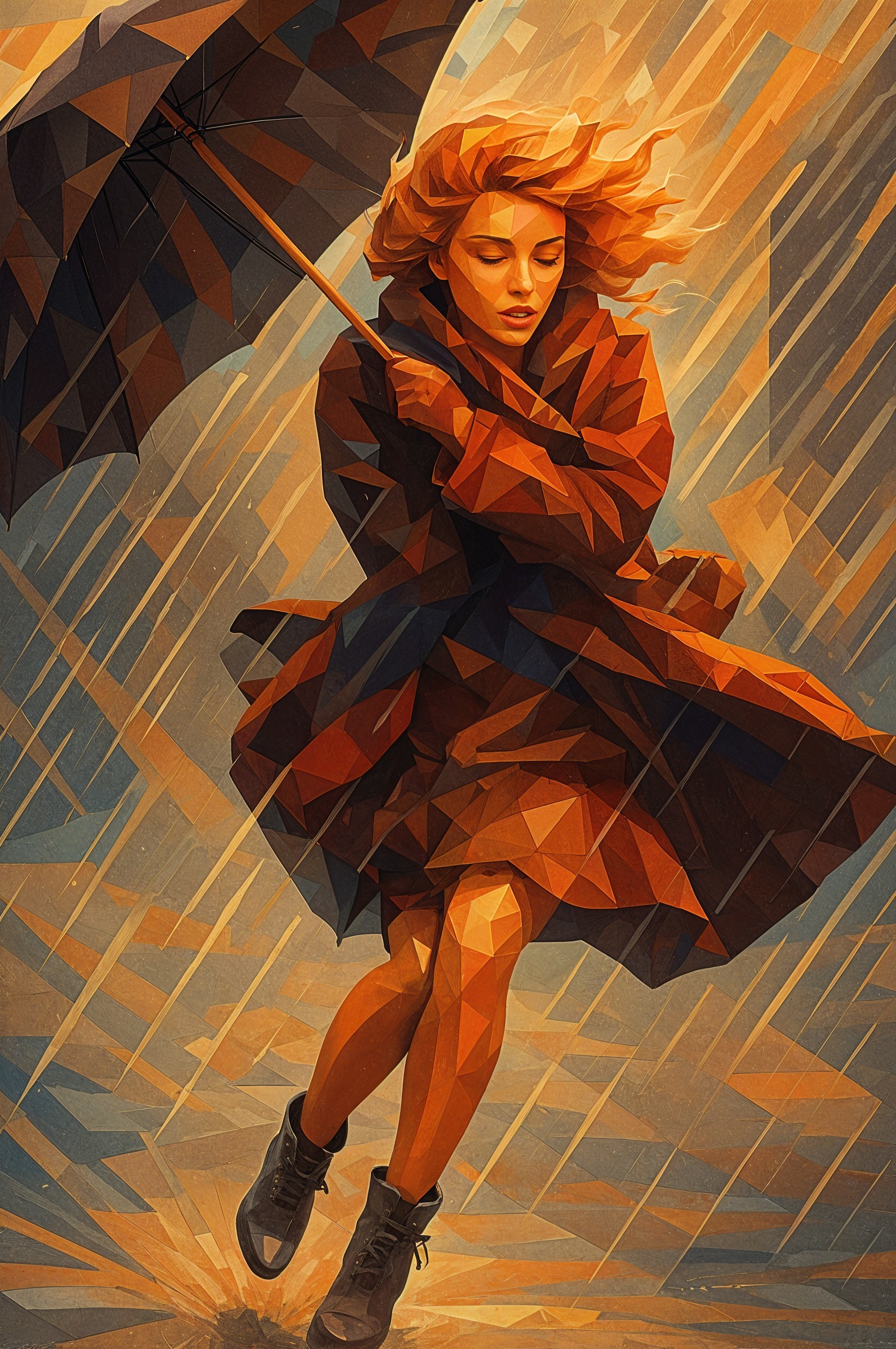 Geometric Illustration of Woman in Brown Coat and Umbrella