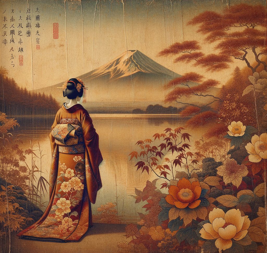 Woman in Kimono by Lake with Mount Fuji View