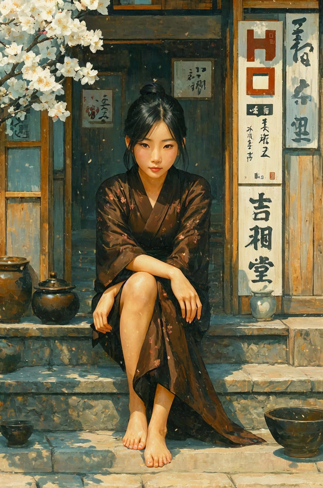 Young Woman in Dark Kimono Amid Cherry Blossoms