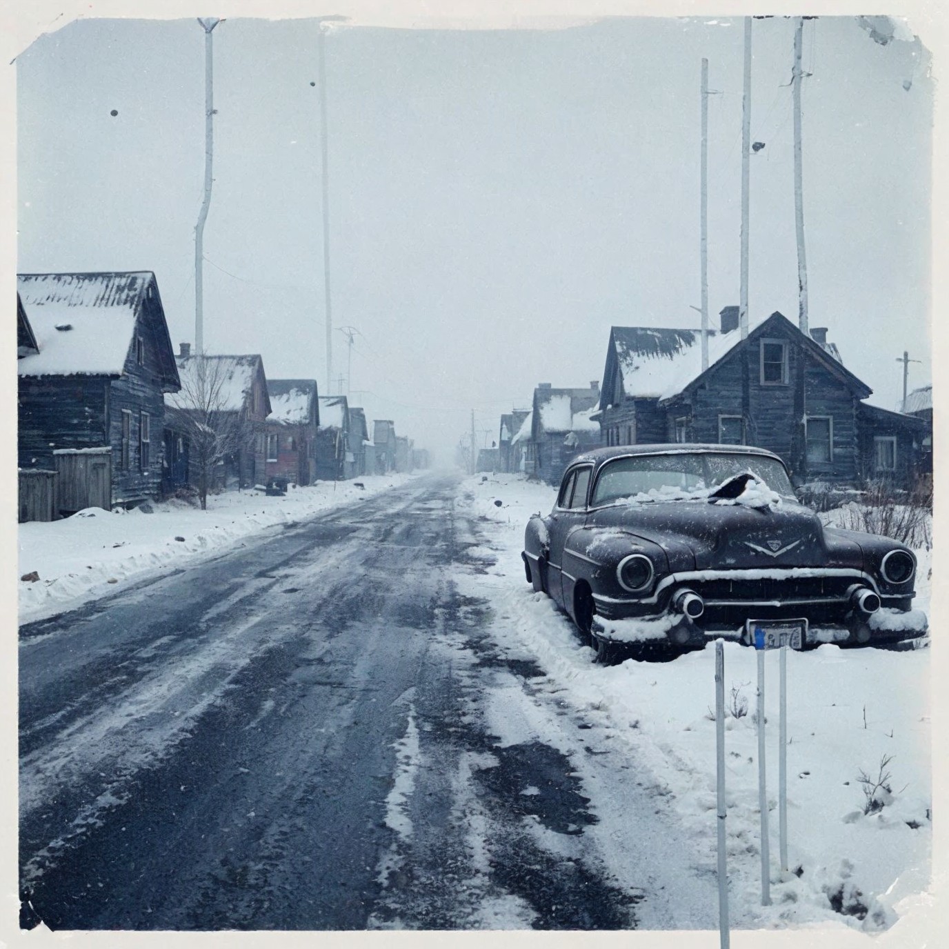 Desolate Snow-Covered Street with Abandoned Houses