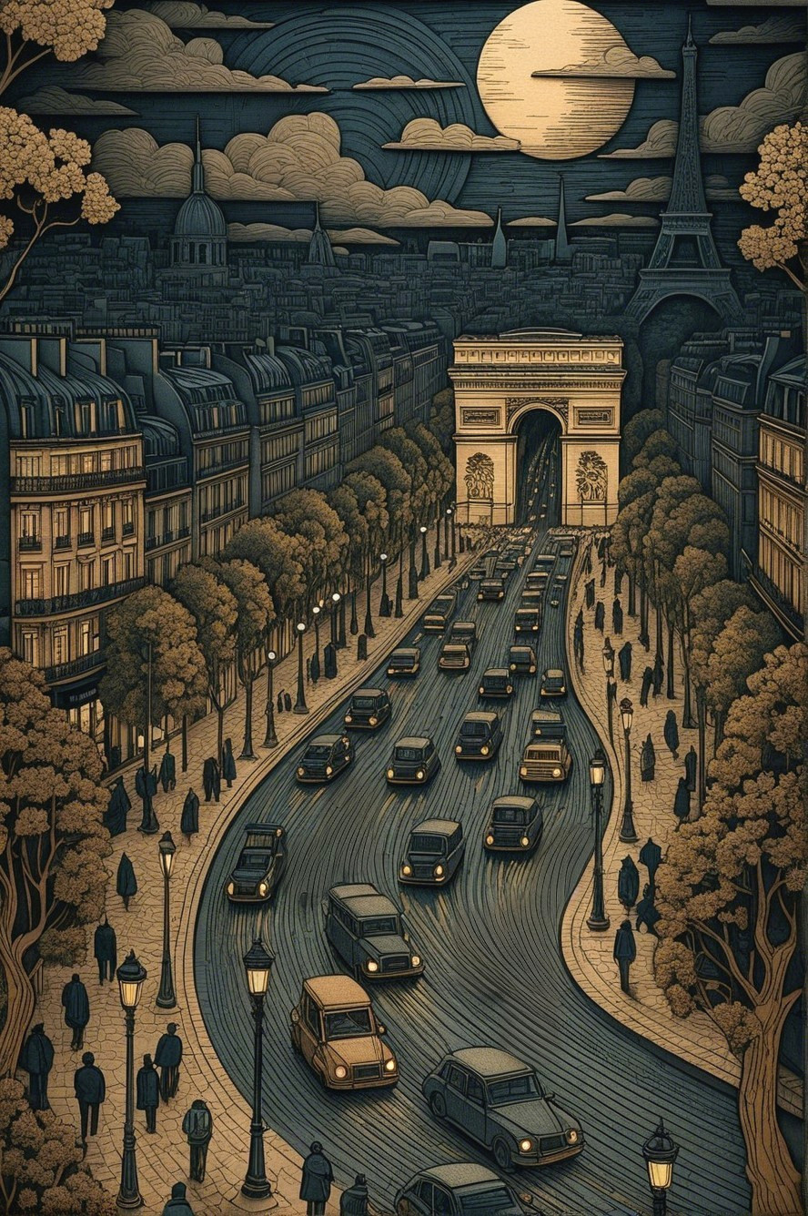 Nighttime Paris Scene with Arc de Triomphe and Eiffel Tower