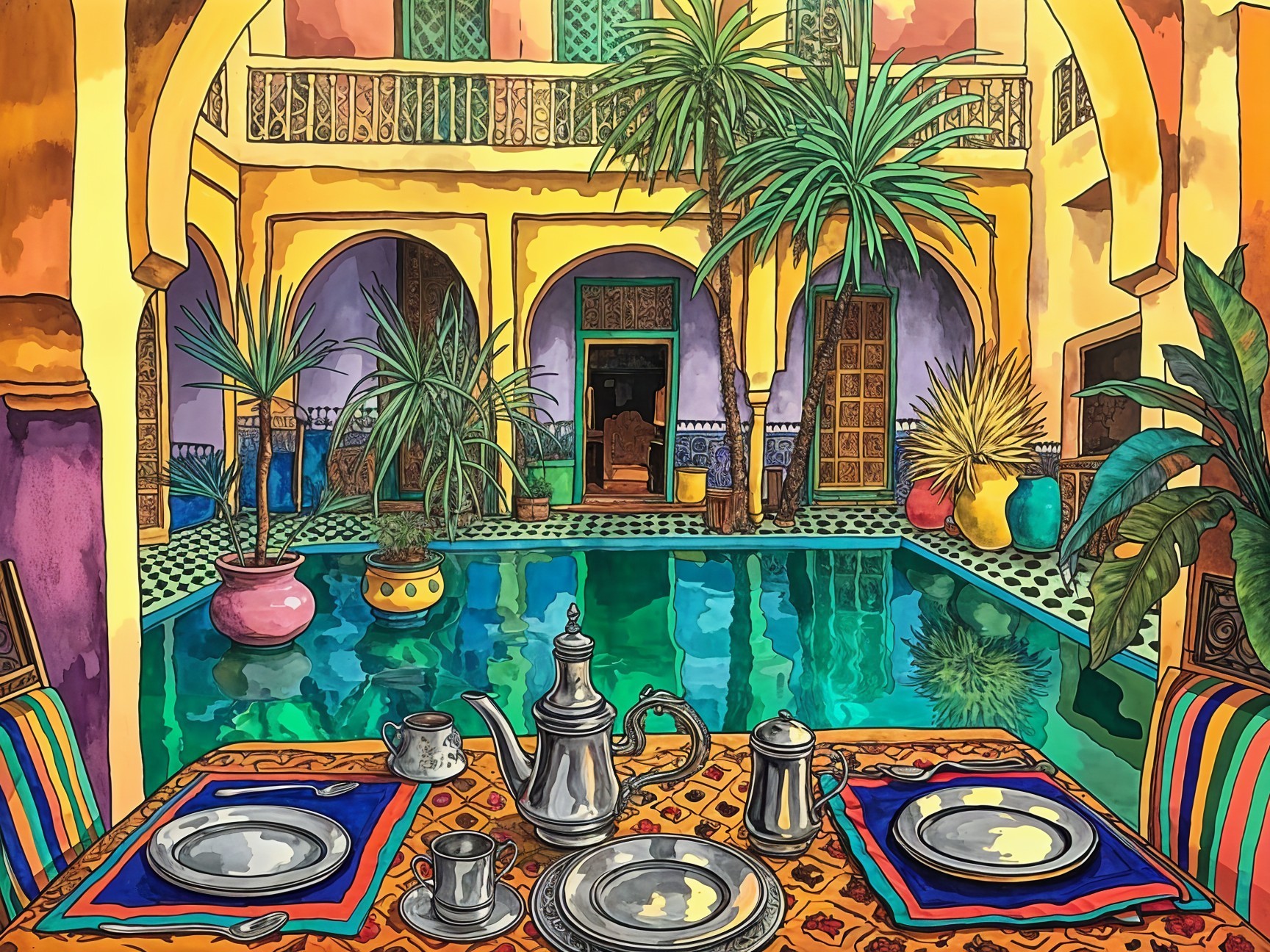 Vibrant Courtyard with Pool and Moroccan Decor