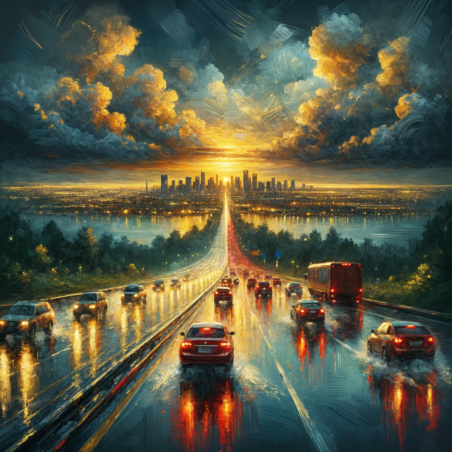 Urban Sunset Scene with Highway and City Skyline