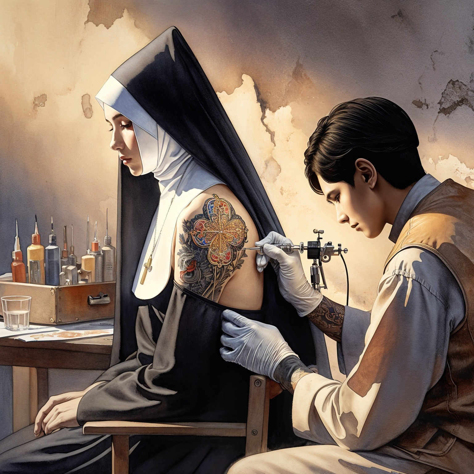 Tattoo Artist Creates Intricate Design on Nun's Arm