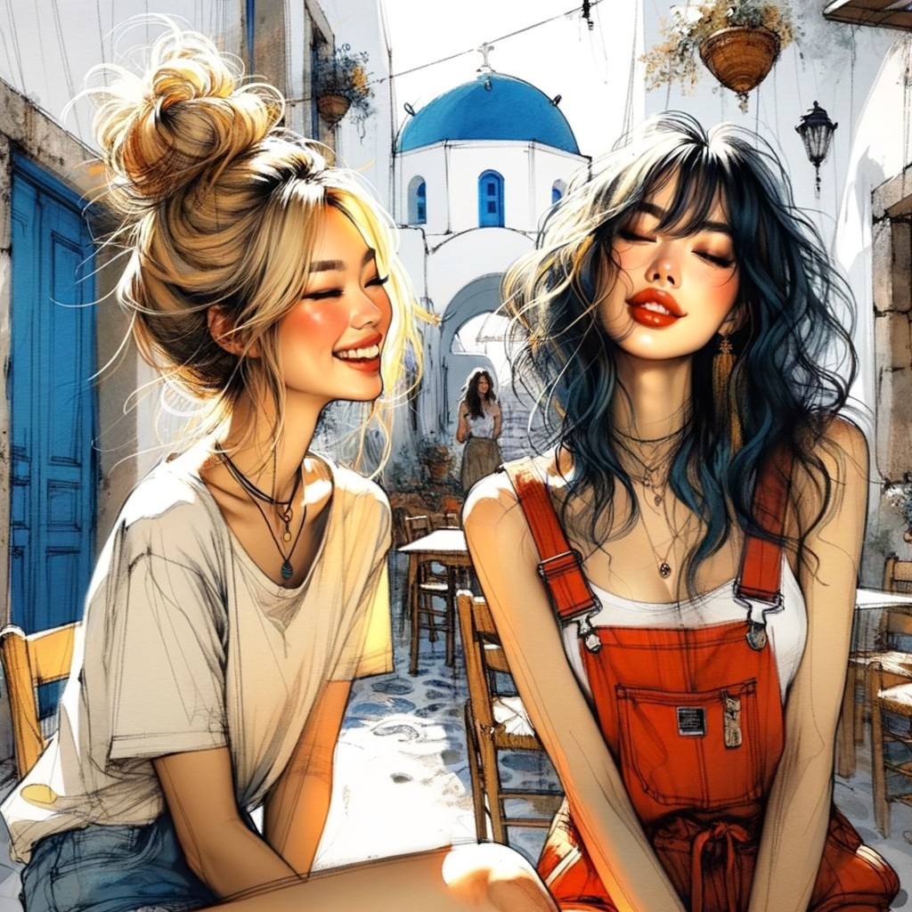 Joyful Moment in a Sunlit Mediterranean Street