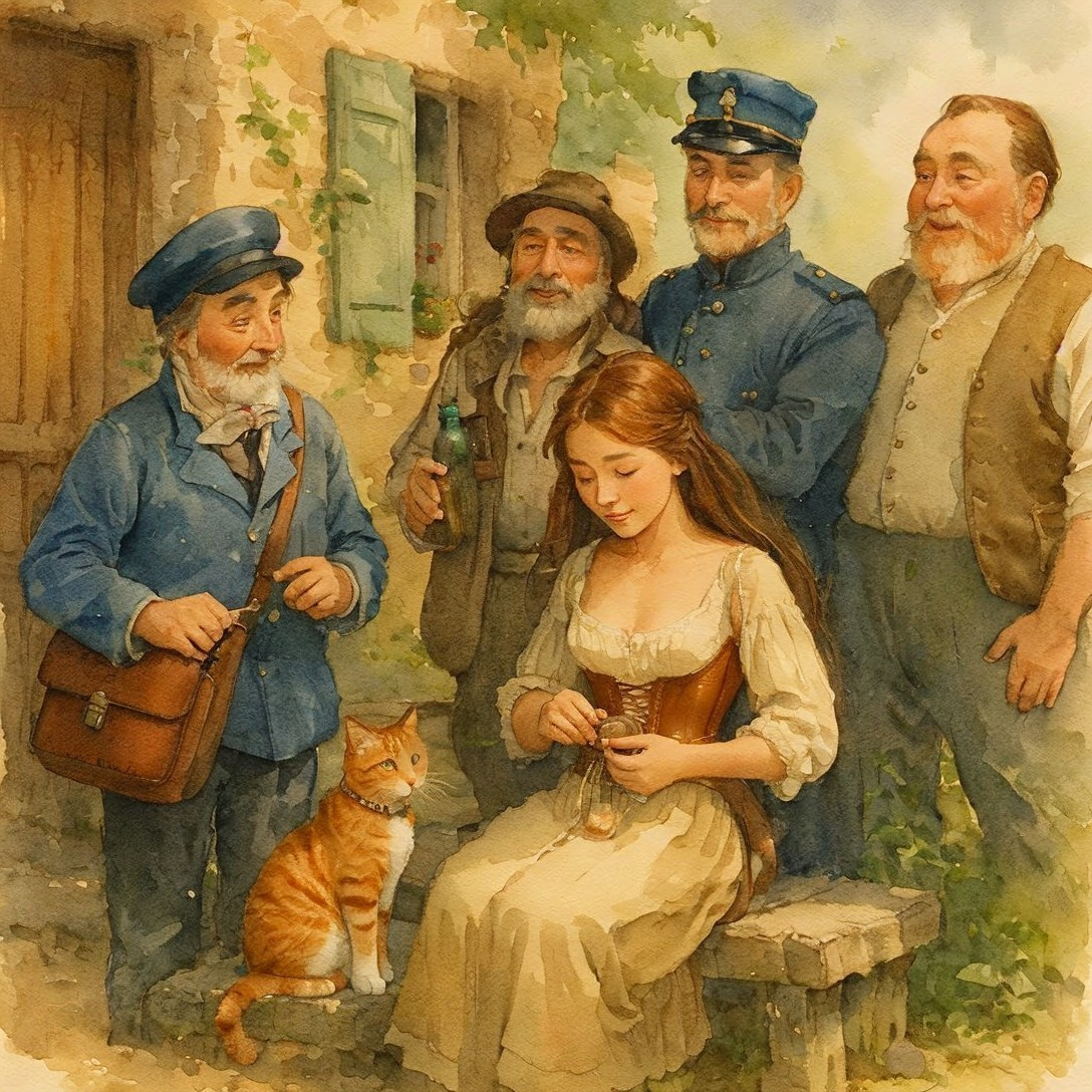Village Scene with Woman, Men, and Playful Cat