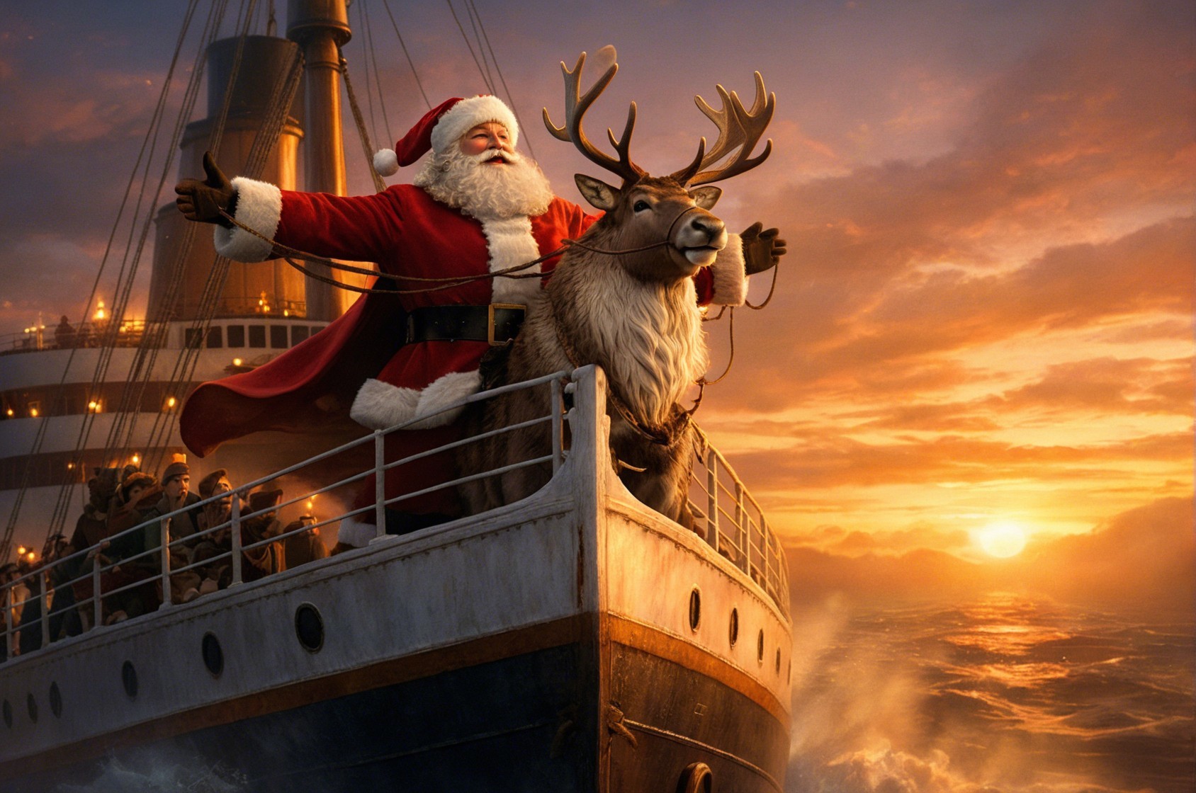 Santa Claus and Reindeer on Ship at Sunset