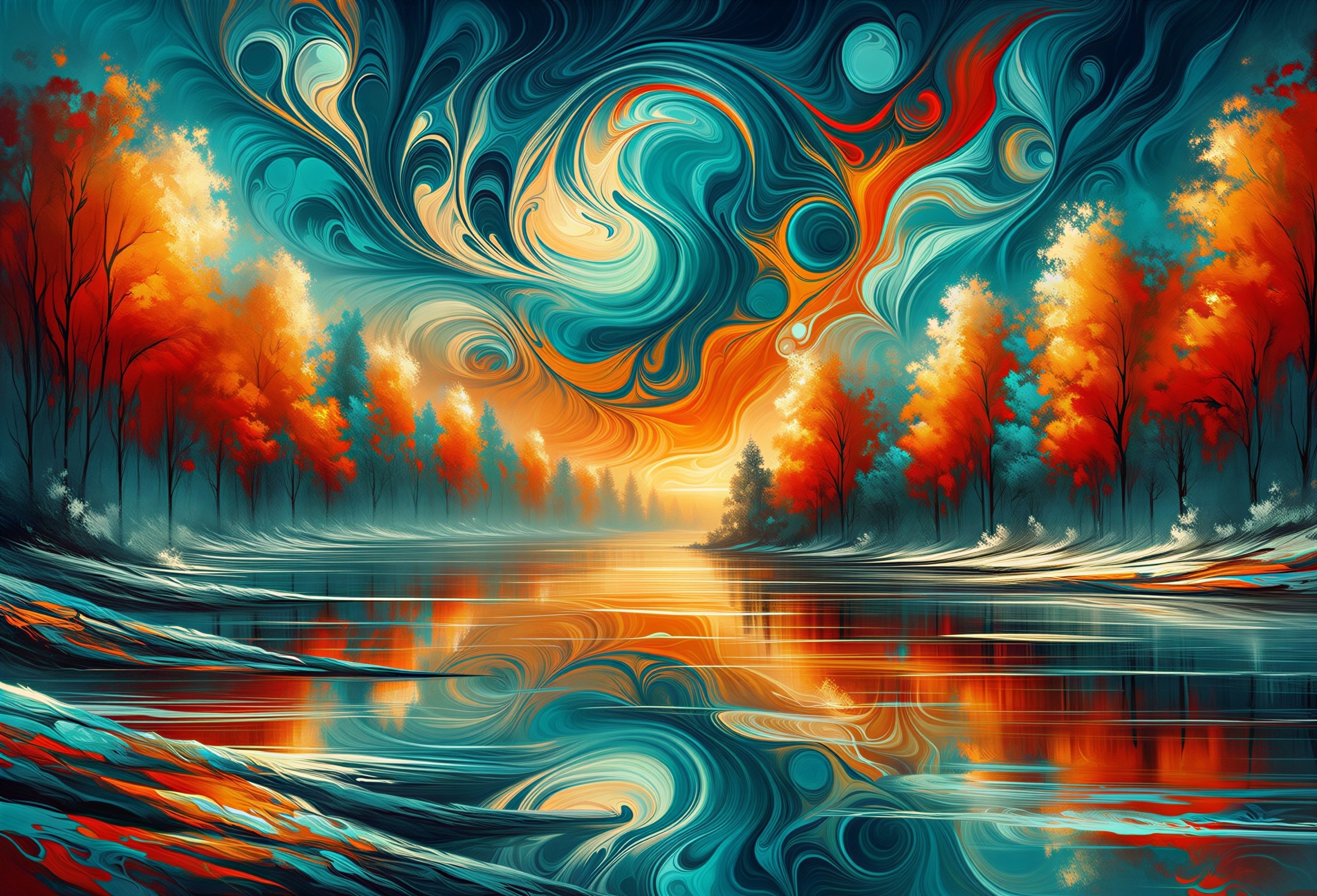 Vibrant Autumn Landscape with Colorful Sky and River