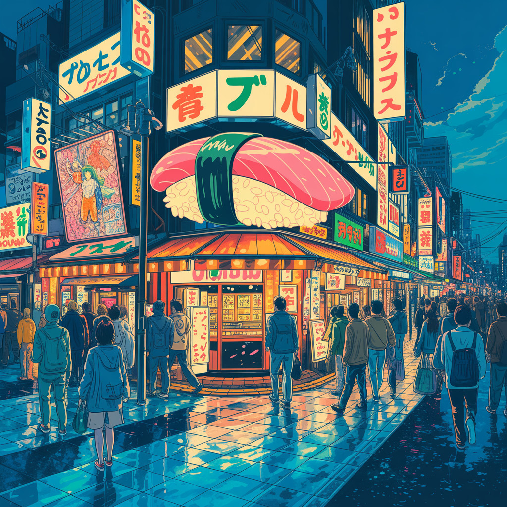 Vibrant Nighttime Cityscape with Neon Lights and Sushi Shop