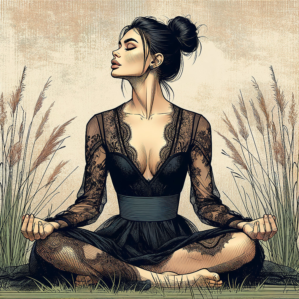 Poised Woman in Black Lace Dress Surrounded by Nature