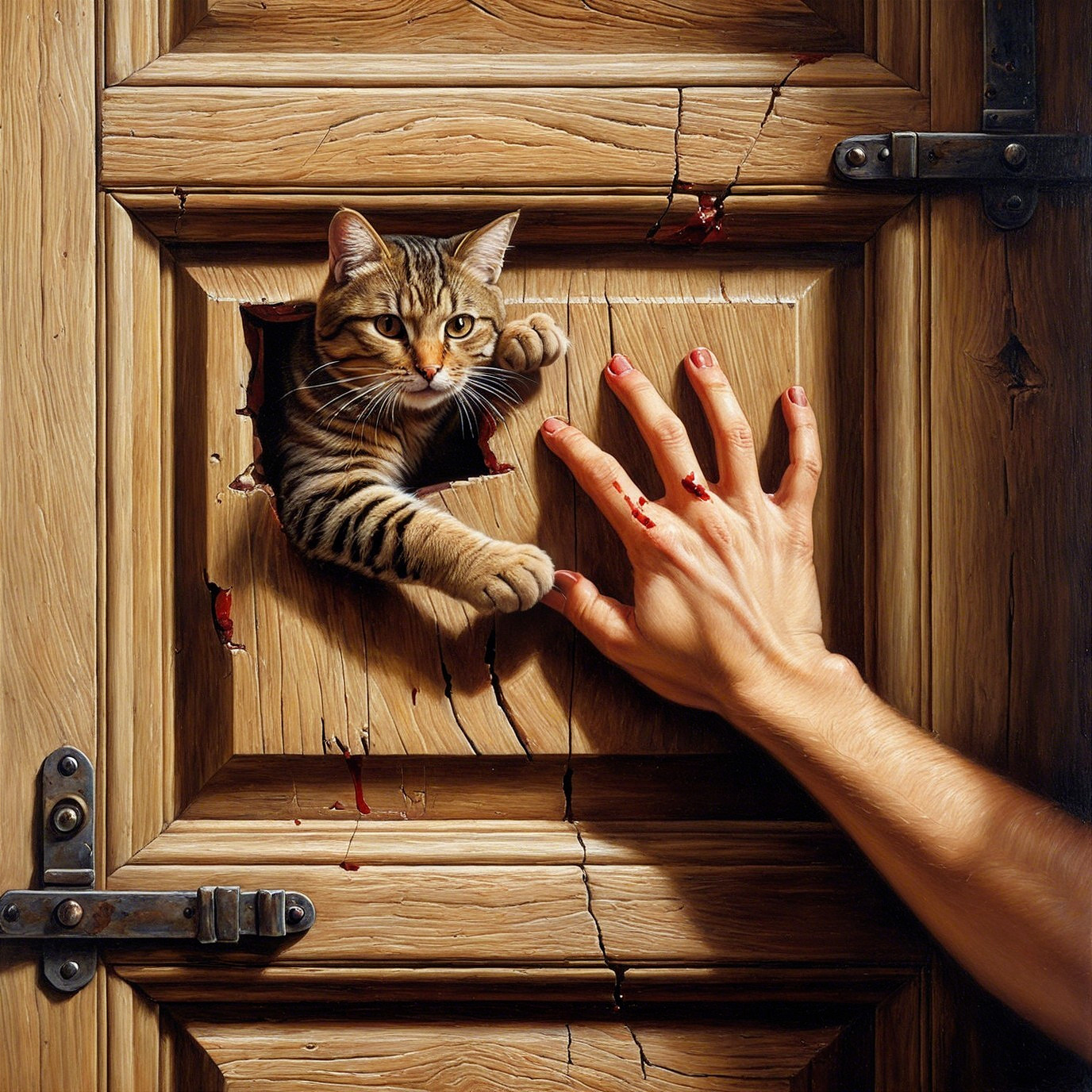 Wooden Door with Cat and Blood Smears Detail