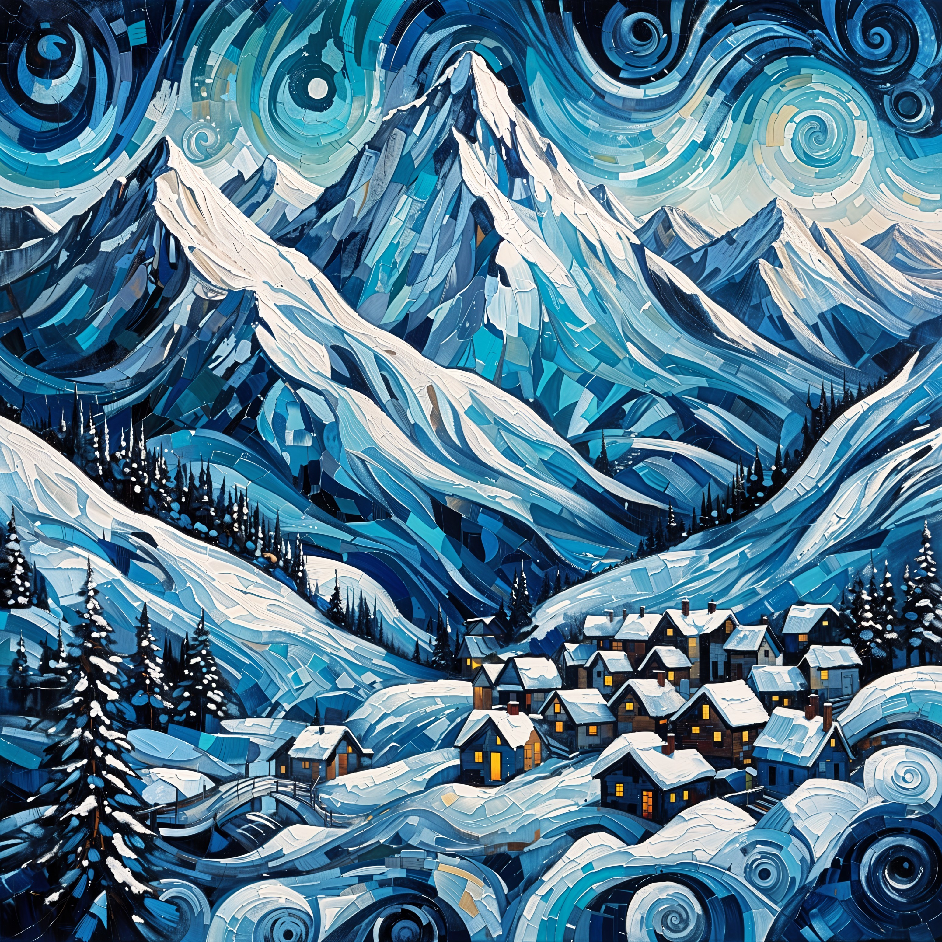 Abstract Winter Landscape with Mountains and Village