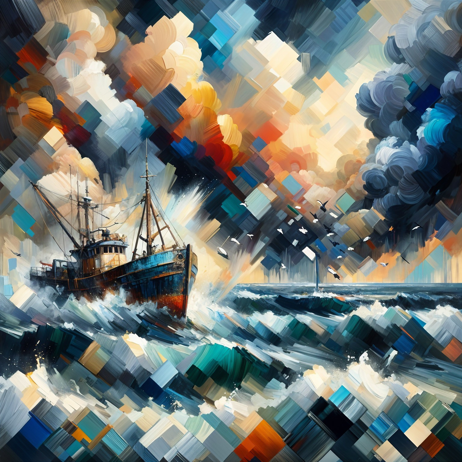 Dramatic Seascape with Fishing Boat and Stormy Waves