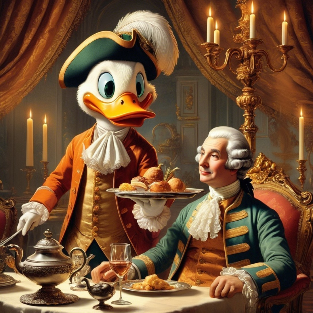 Whimsical Cartoon Duck Serving Meal in Opulent Setting