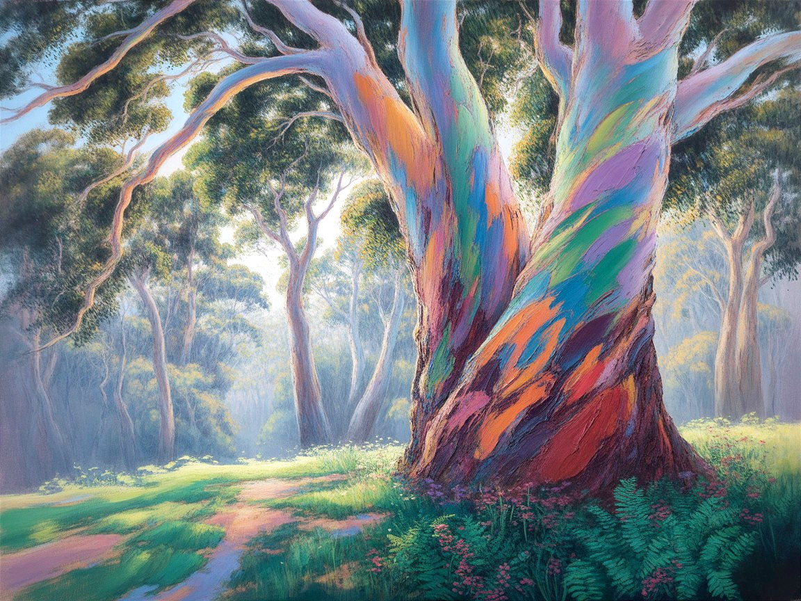 Vibrant Multi-Colored Eucalyptus Tree in Sunlit Forest
