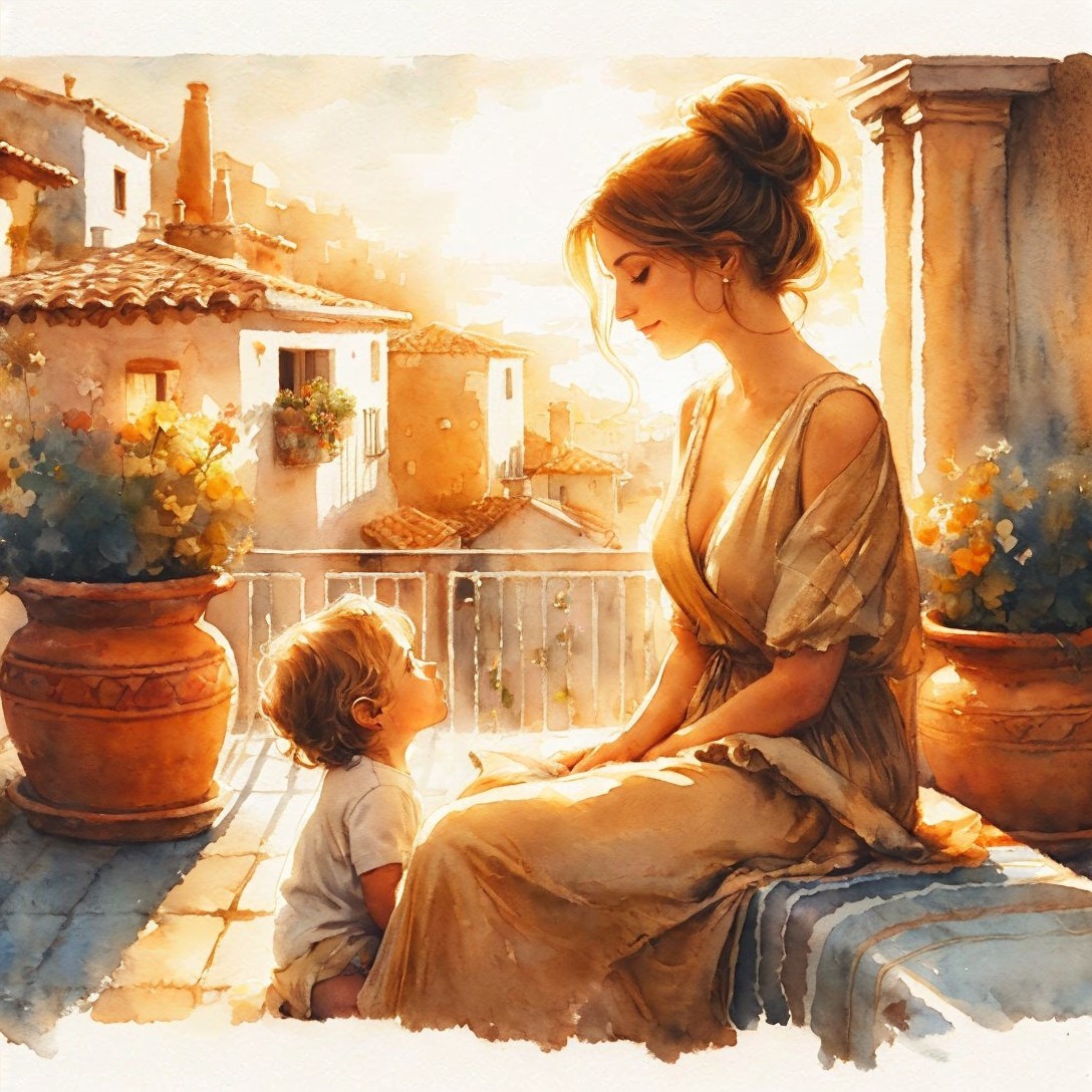 Sunlit Balcony Scene with Woman and Child in Gown
