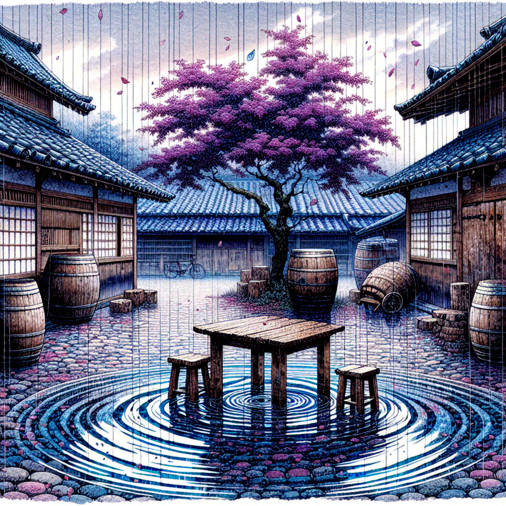 Serene Courtyard with Purple Tree and Rainy Atmosphere