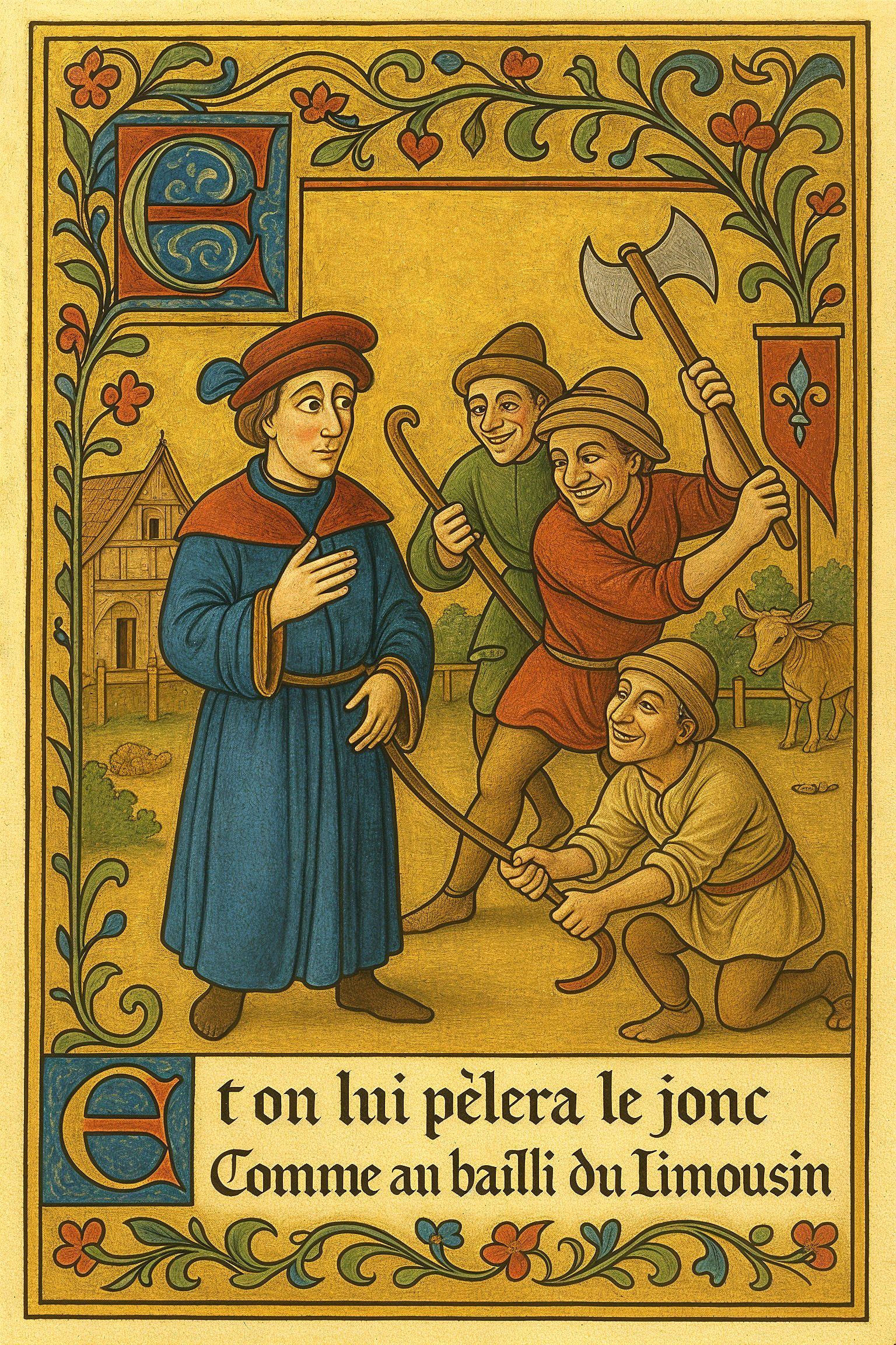 Medieval Scene with Workers and Farmhouse Background