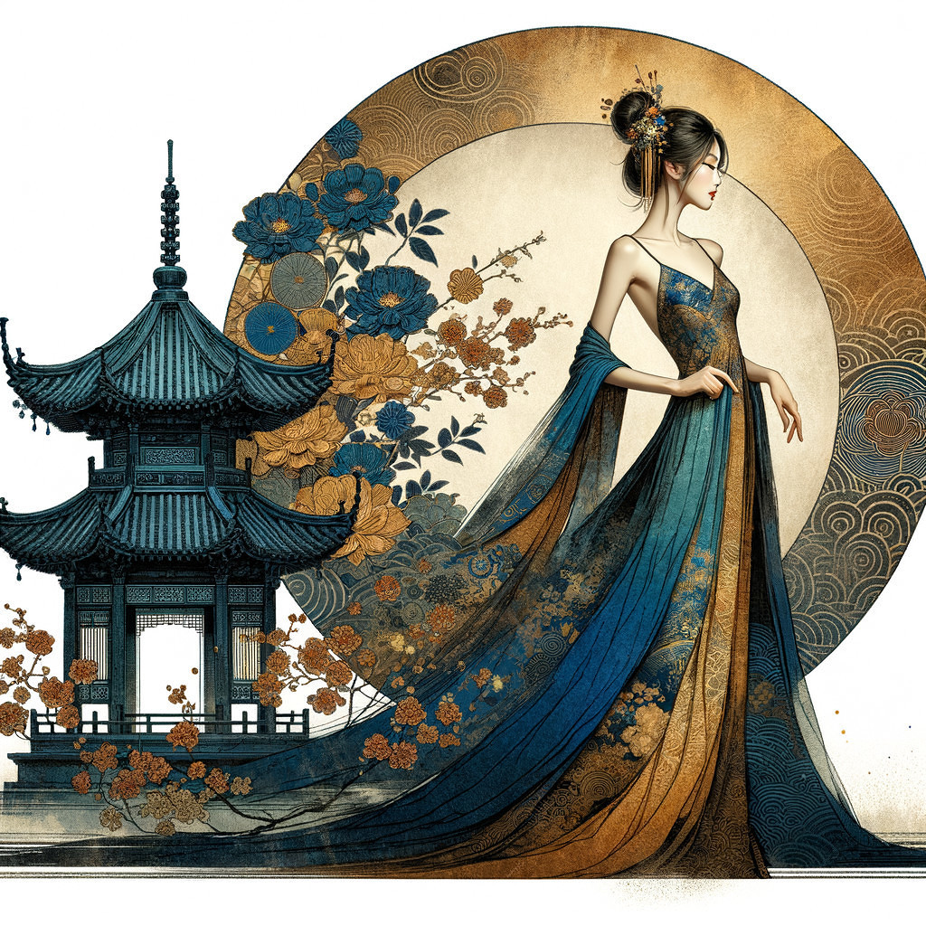 Elegant figure in floral gown by Asian pagoda