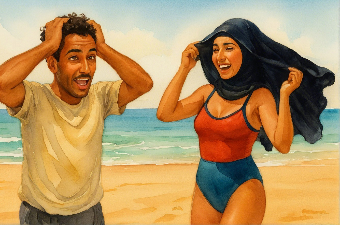 Cheerful Beach Scene with Joyful Figures and Ocean View