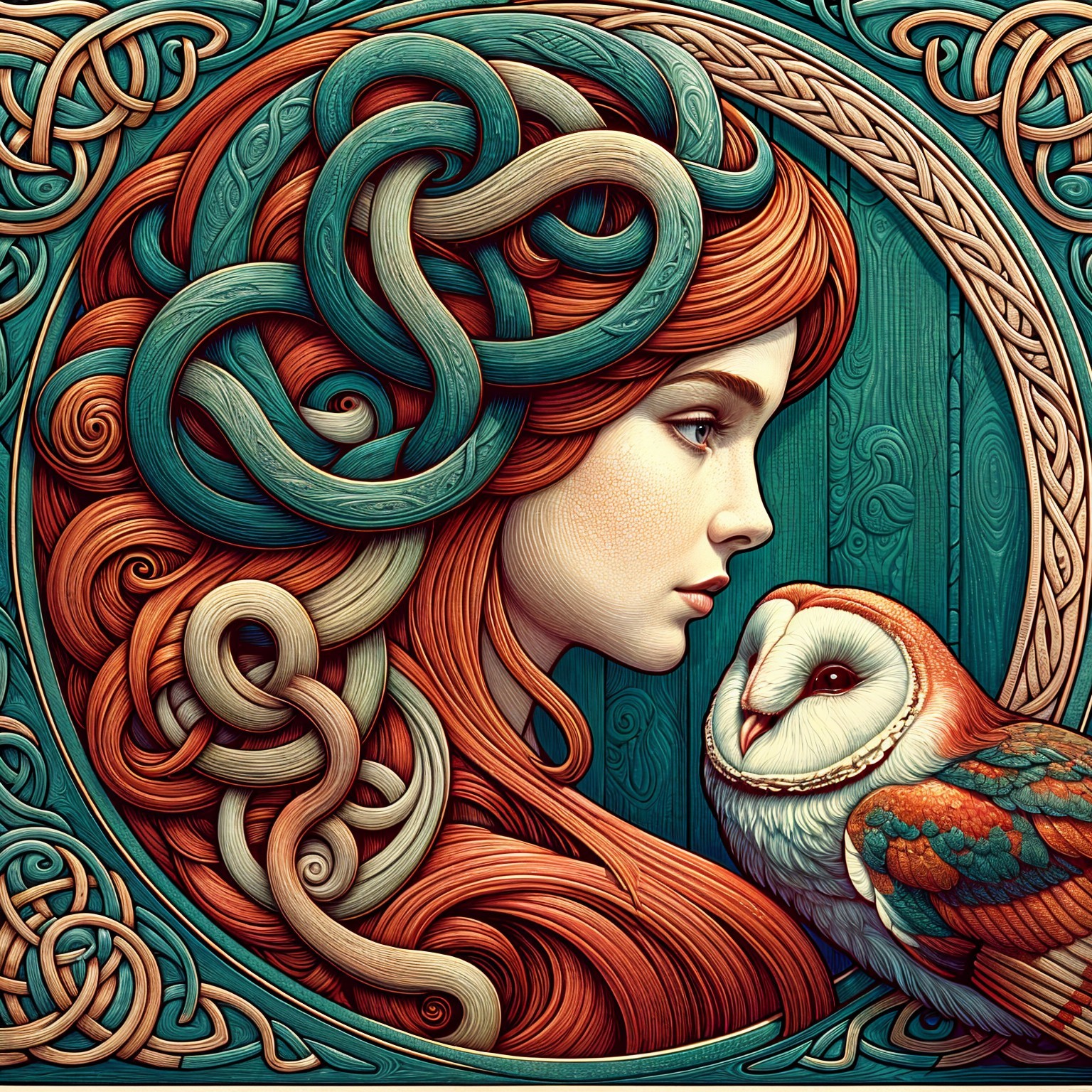 Woman's Profile with Intricate Hair and Barn Owl