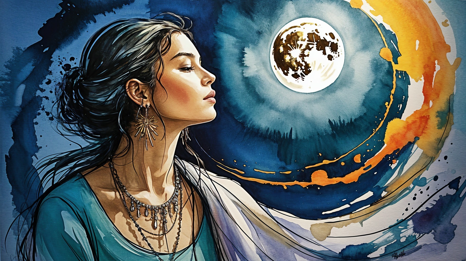 Young Woman Gazing at Full Moon in Dreamlike Scene