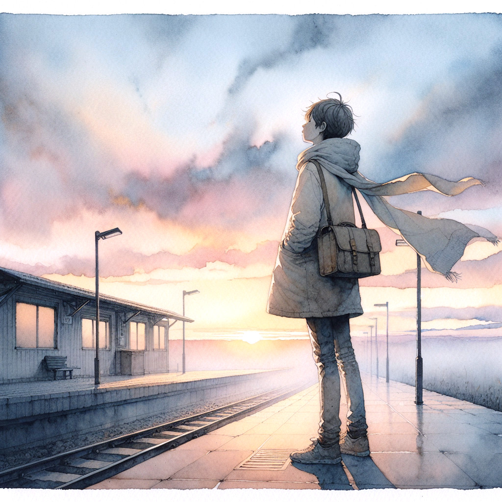 Solitary Figure on Train Platform at Sunset