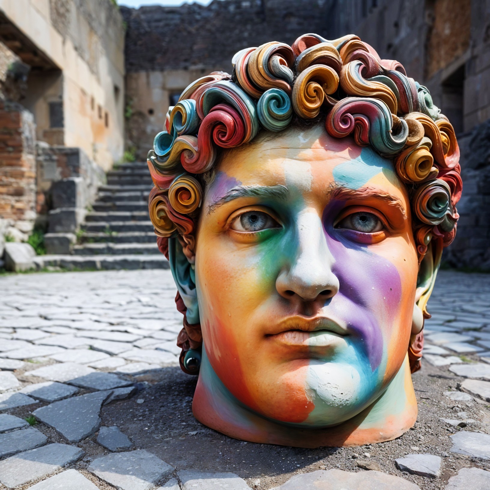 Large Colorful Bust on Cobblestone Path with Architecture
