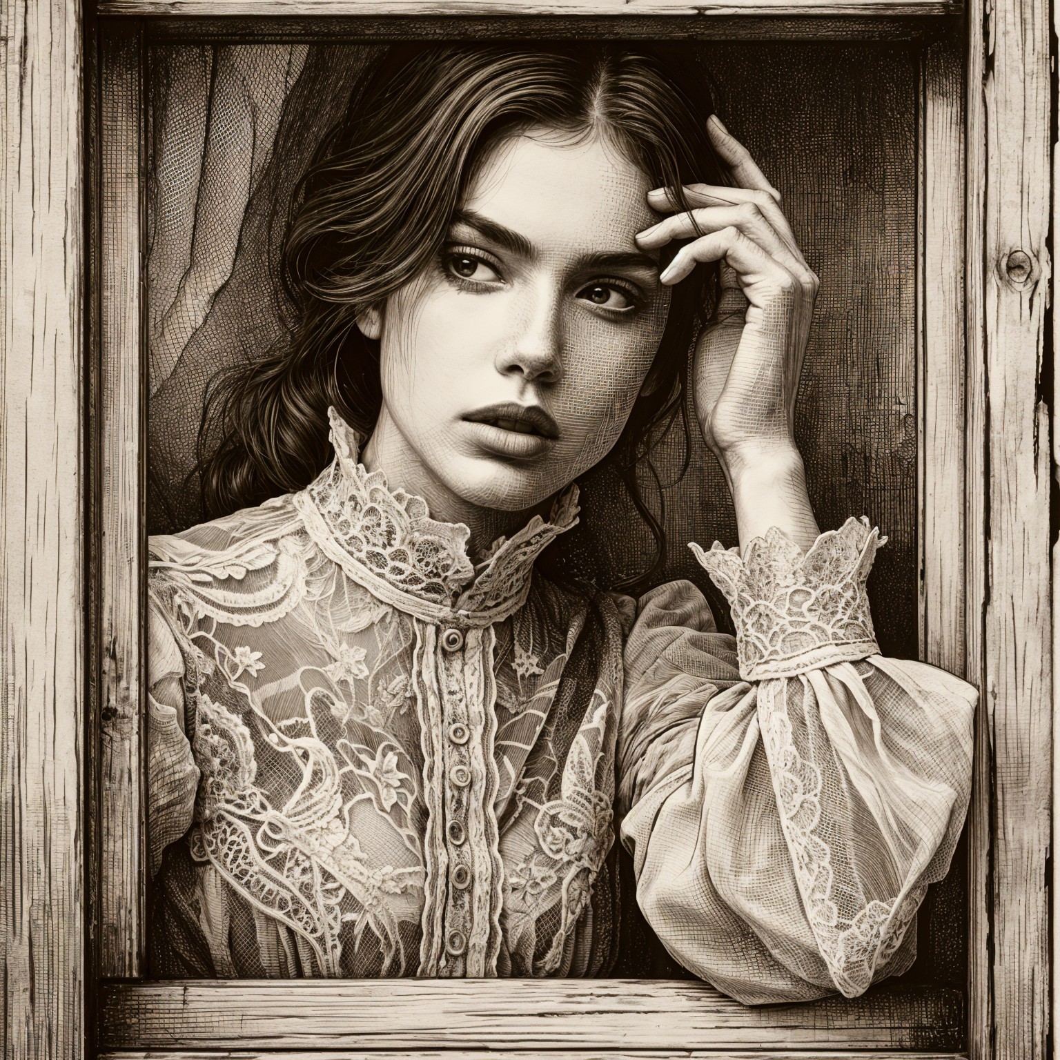 Young woman in vintage attire behind ornate window frame