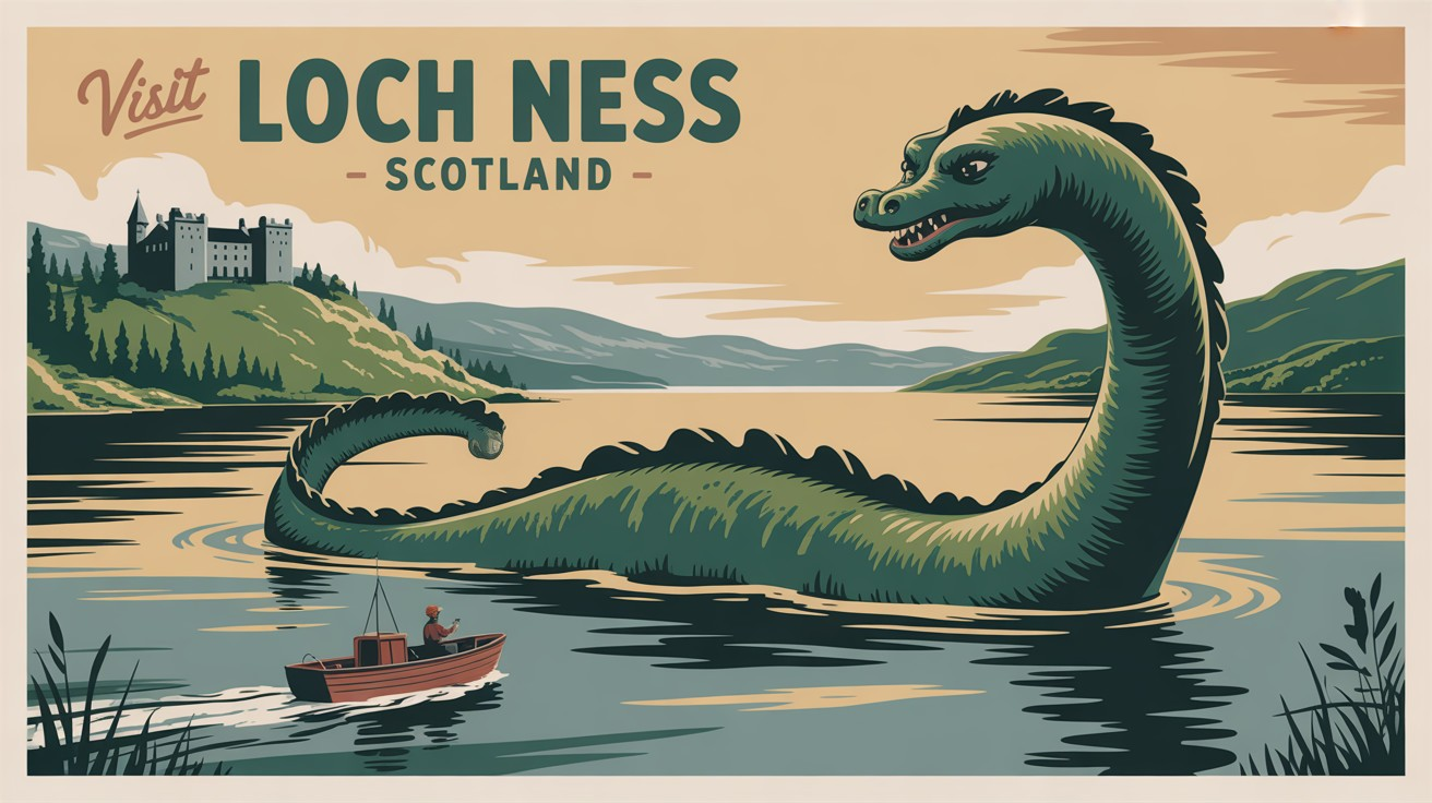 Vintage Travel Poster of Loch Ness with Monster and Castle