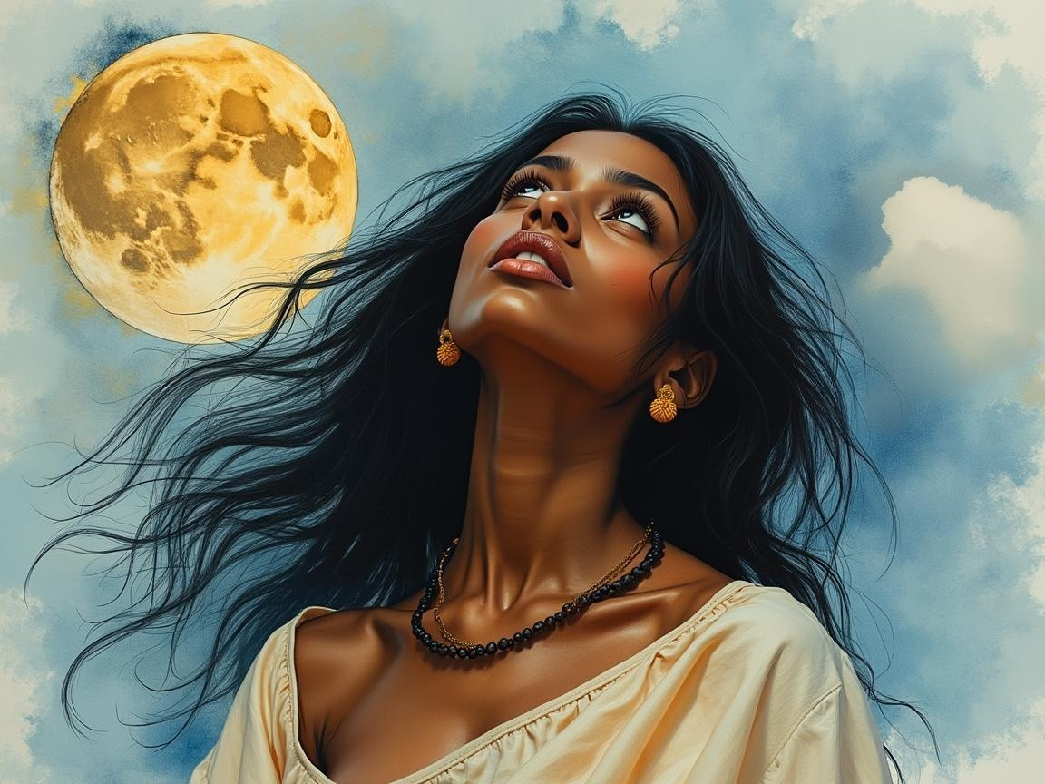 Portrait of a woman with flowing hair under a full moon