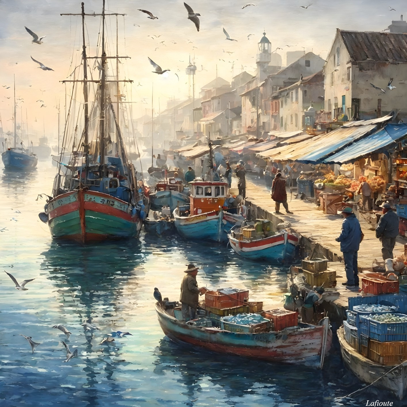 Serene Harbor Scene with Boats and Market Stalls