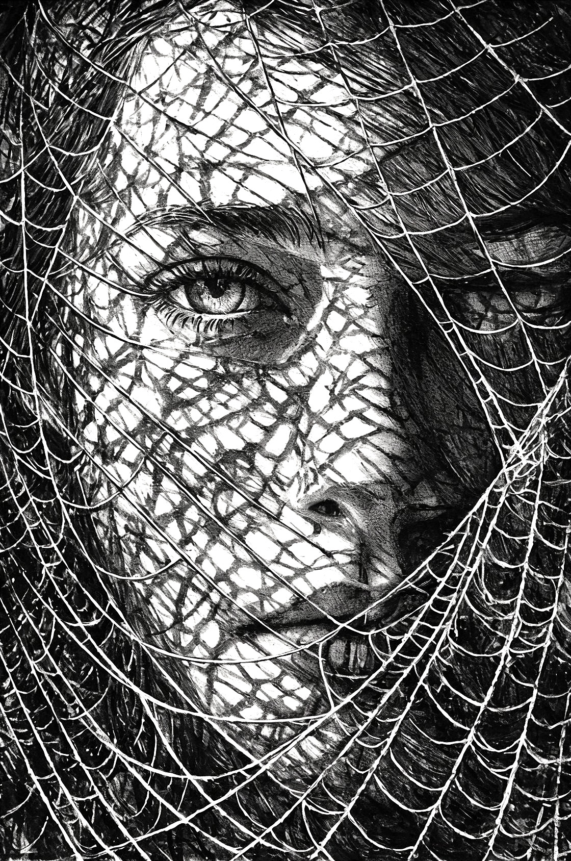 Haunting Portrait of a Woman with Spiderweb Patterns