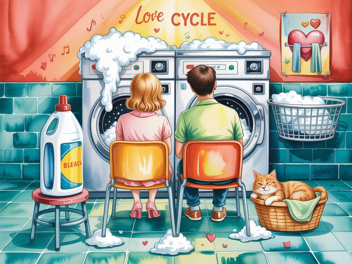 Children Watching Bubbles in a Whimsical Laundry Room