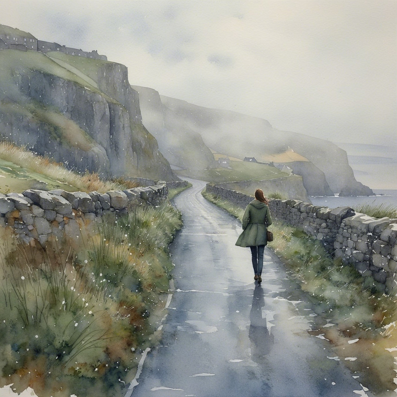 Misty Landscape with Winding Path and Cliffs