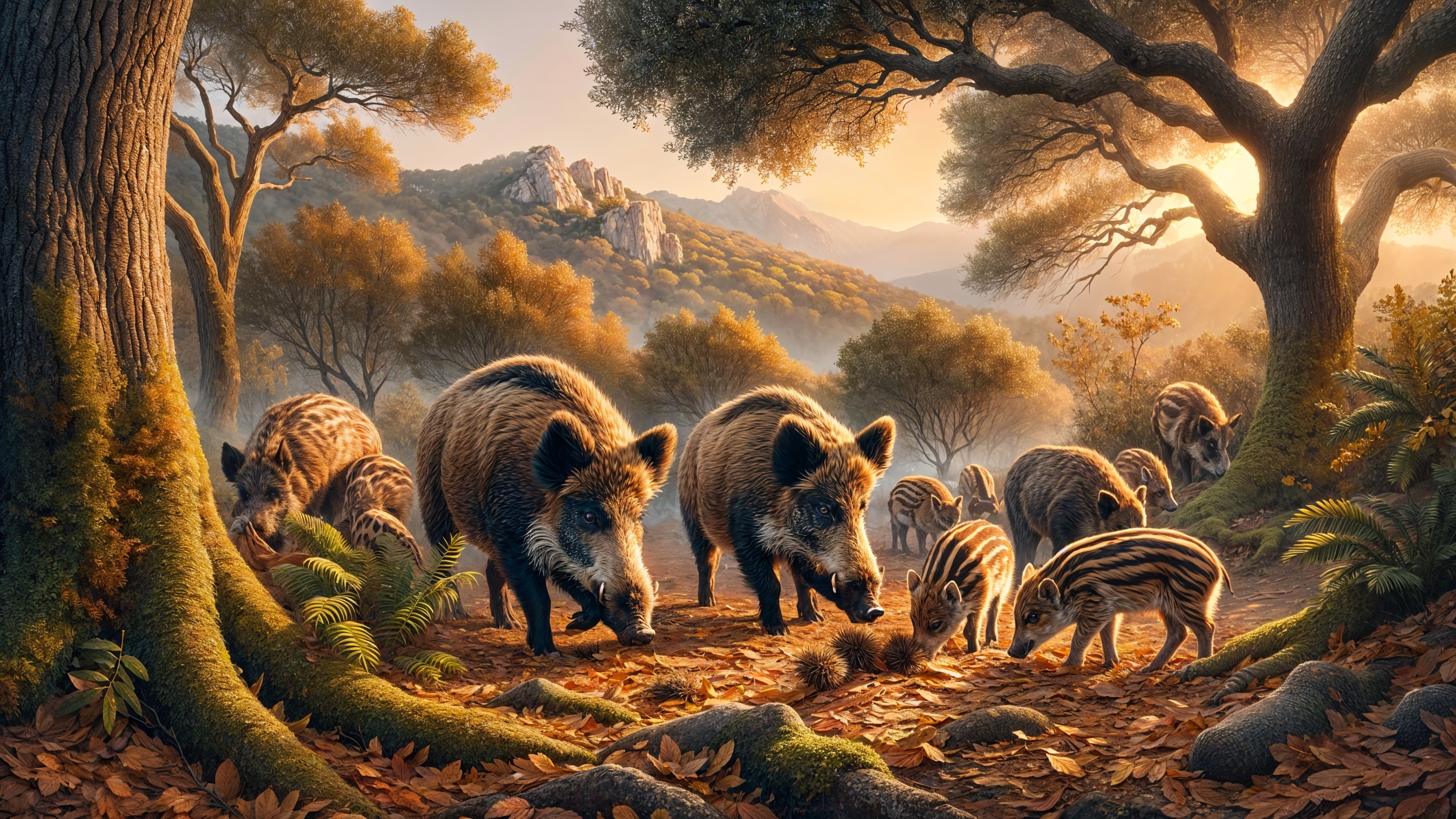 Wild Boars Foraging in a Serene Forest Scene