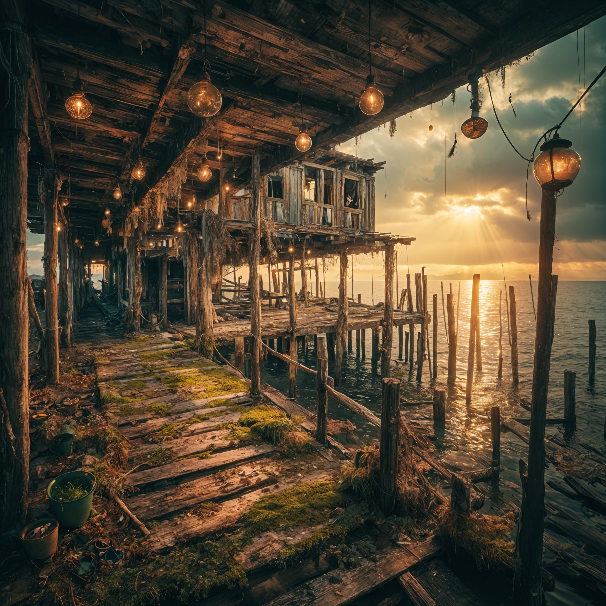 Weathered wooden pier at sunset with vintage lanterns