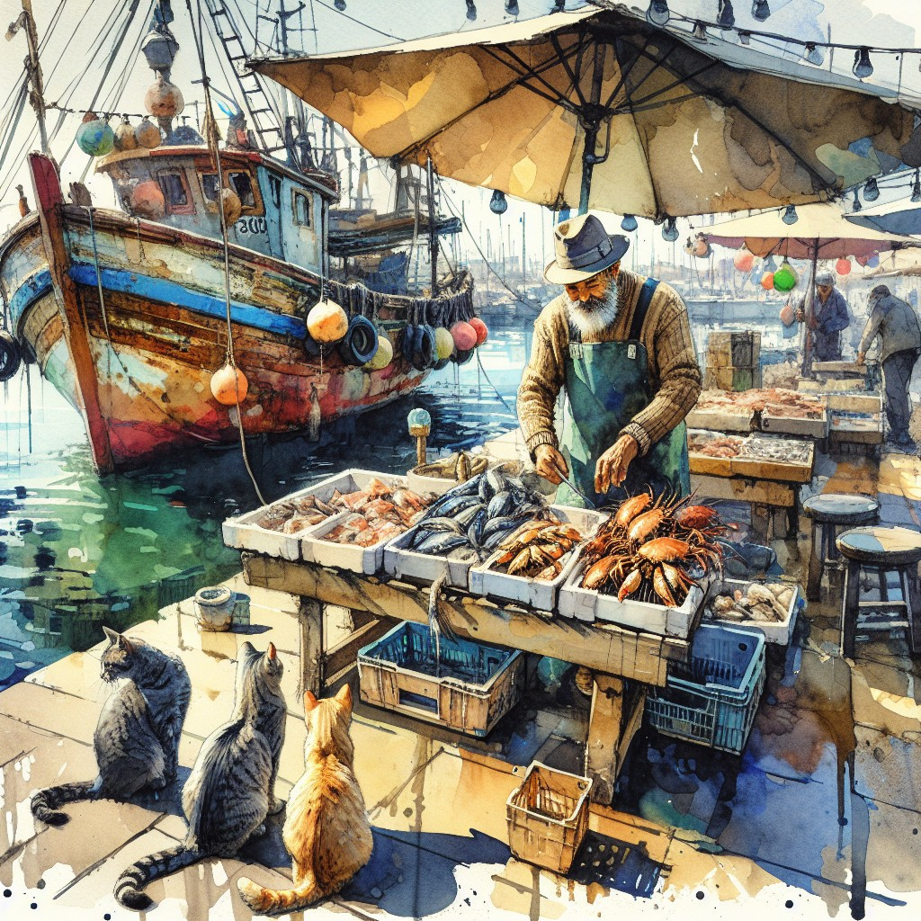 Fish Market Scene with Fisherman and Colorful Boats