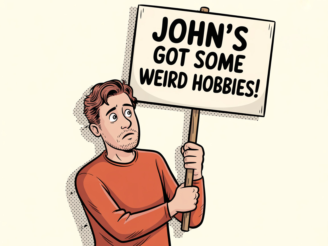 Cartoon Illustration of Young Man with Sign About Hobbies
