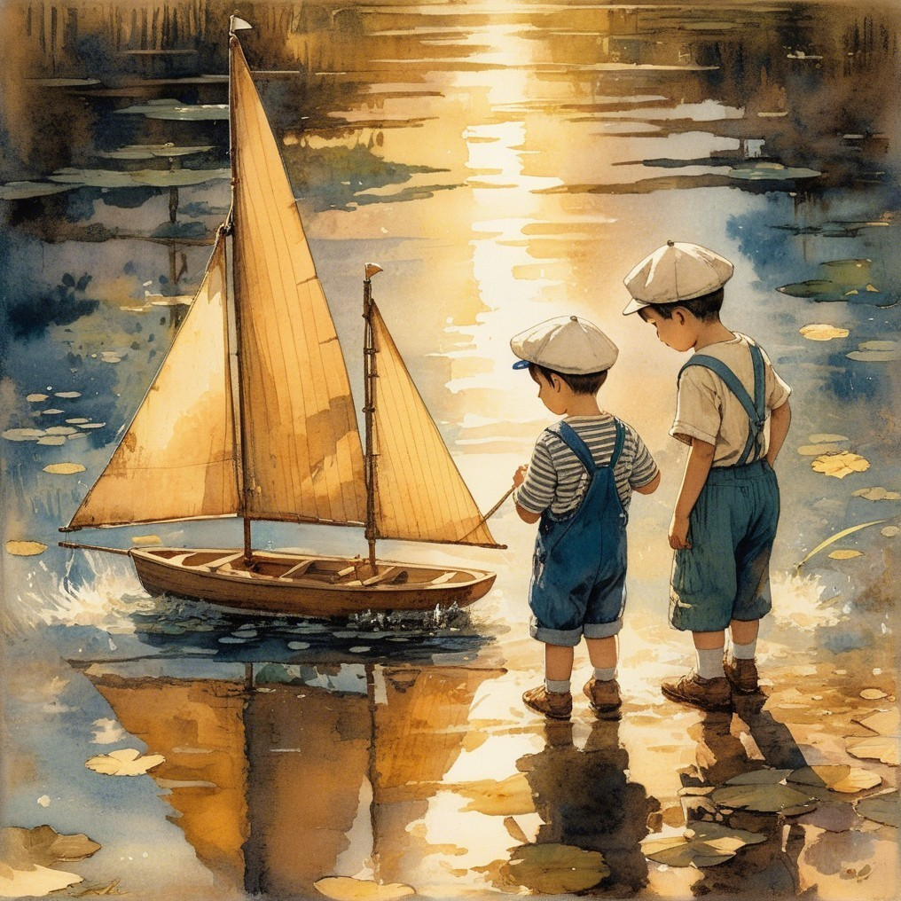 Boys in Vintage Attire by a Serene Sunset Lake