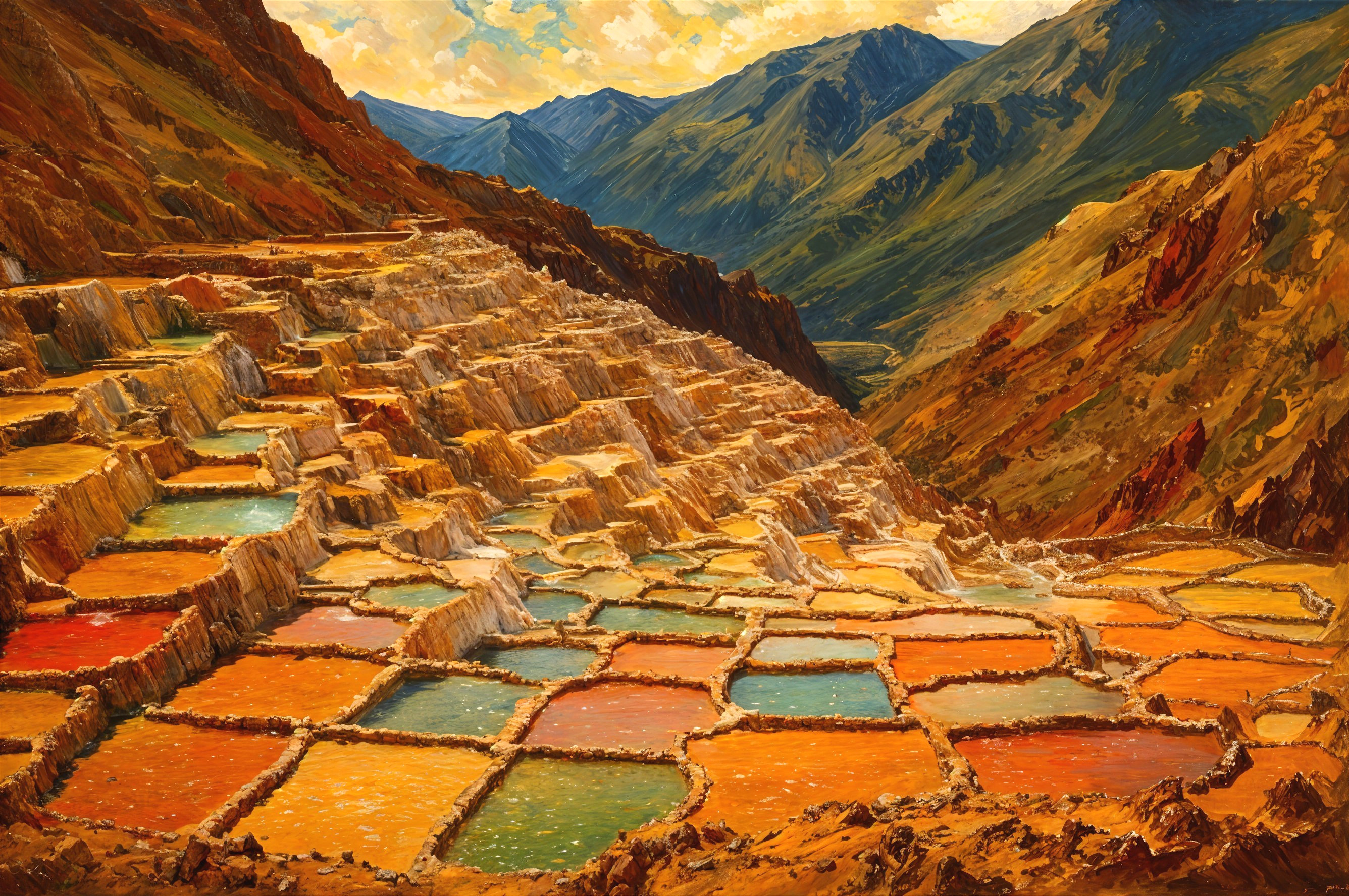 Vibrant Terraced Salt Pans with Mountainous Backdrop